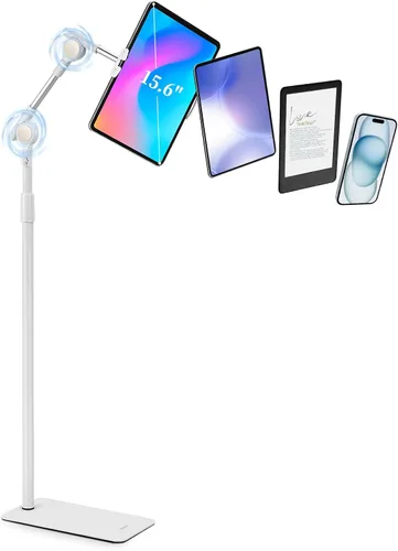 Vista 7 de SHUWEI Soporte de suelo para tableta con engranajes helicoidales de doble autobloqueo, soporte de piso para iPad de 63 pulgadas de altura ajustable