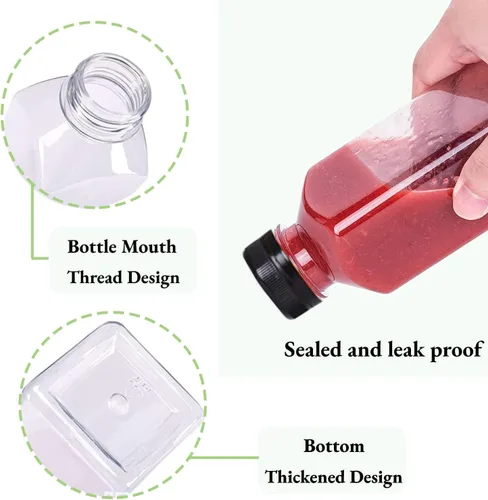 Vista 5 de Botellas de jugo de plástico con tapas 12 piezas - 355 ml Botellas reutilizables con tapas a prueba de manipulación negras - Botellas transparentes