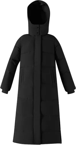 Vista 2 de Chaqueta larga con capucha para mujer, abrigo grueso con cremallera completa, acolchado, con cinturón y capucha de piel, Blanco