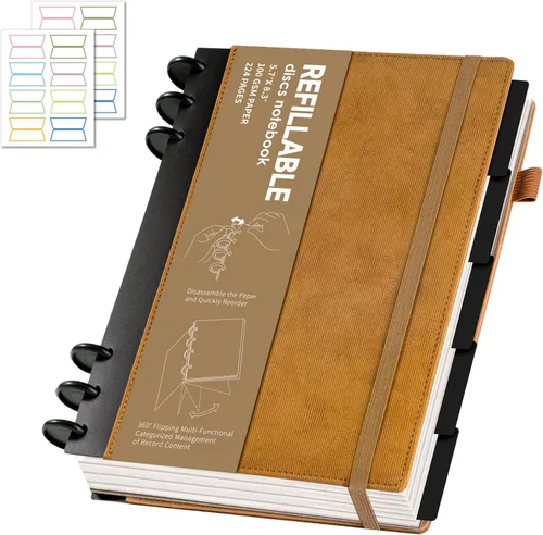 Vista 12 de Yoment - Cuaderno de diario de cuero para trabajo, recargable, 224 páginas, 100 GSM, papel grueso, cuaderno de 5 materias con separadores y pestañas
