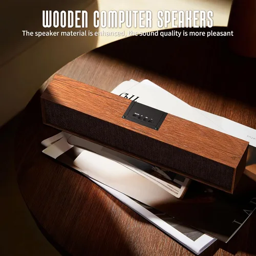 Vista 3 de Altavoces retro para computadora, barra de sonido de madera con Bluetooth 5.3 y conectividad USB, compatibilidad universal para PC, escritorio