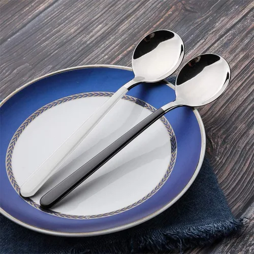 Vista 5 de Cucharas de cena de acero inoxidable de 4 piezas con borde redondo, cuchara de mesa cómoda de mango largo de 8 pulgadas, cubiertos pulidos