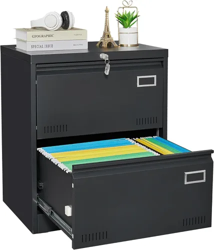 Vista 3 de Archivadores laterales de oficina con cerradura, archivadores de metal con bloqueo con 2 cajones, gabinete de oficina para oficina en casa, cajones
