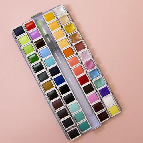 Vista 5 de Craftelier - Pastillero de acuarela con surtido de 48 colores + pincel de agua con depósito de agua para caligrafía, letras o medios mixtos y otras