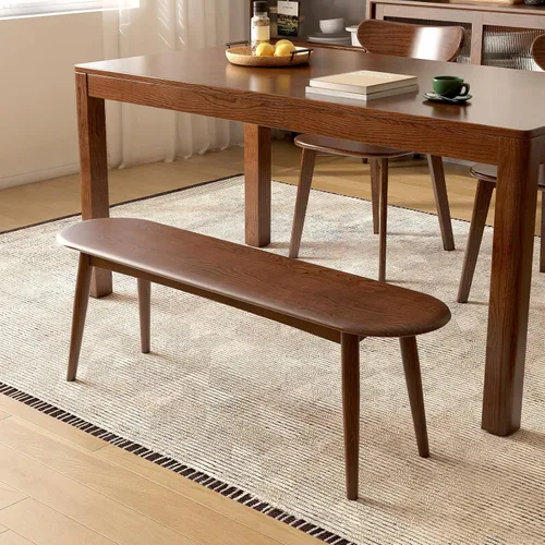 Vista 6 de Banco de entrada de madera de roble macizo de 47 pulgadas, banco de comedor con diseño redondeado en forma de baguette, banco de madera multiusos