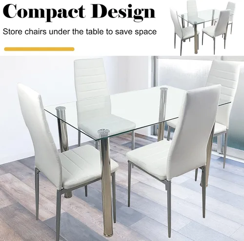 Vista 3 de Juego de mesa de comedor, 5 piezas con moderna mesa superior de vidrio templado y silla de piel sintética, muebles de comedor para el hogar, cocina