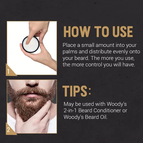 Vista 6 de Woody's Bálsamo para barba 2 en 1 para hombres – Suavizante de barba para hombres y cera de estilo, acondicionador e hidratante de cera de abeja