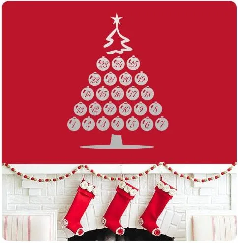 Vista 2 de Calcomanía de pared con forma de árbol de Navidad con forma de calendario de Adviento de diciembre, calcomanía de pared con texto en inglés «Merry
