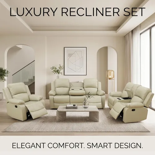 Vista 6 de Juego de sofá reclinable manual de 3 piezas, juego de muebles de sala de estar de tela beige con sofá reclinable de 3 asientos, sofá biplaza