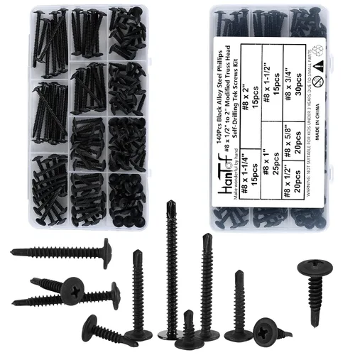 Vista 5 de Kit de surtido de 140 piezas de tornillos negros autoperforantes para metal, tornillos TEK autorroscantes de cabeza de armadura modificada de 8# x