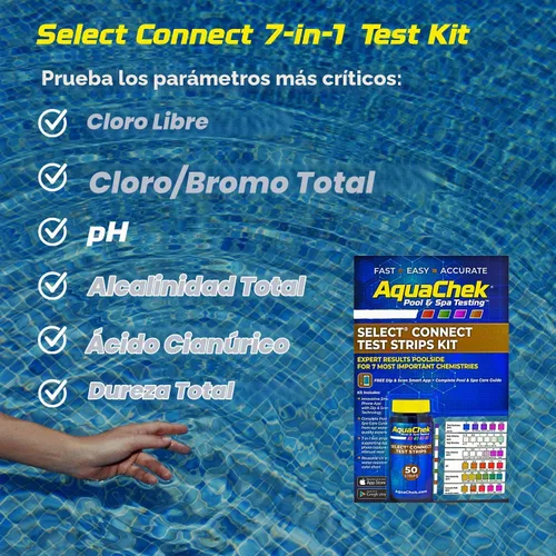 Vista 3 de AquaChek Select Connect - Kit completo de tiras reactivas de 7 vías para piscina y spa, tiras de prueba de piscina para pH, cloro total, cloro