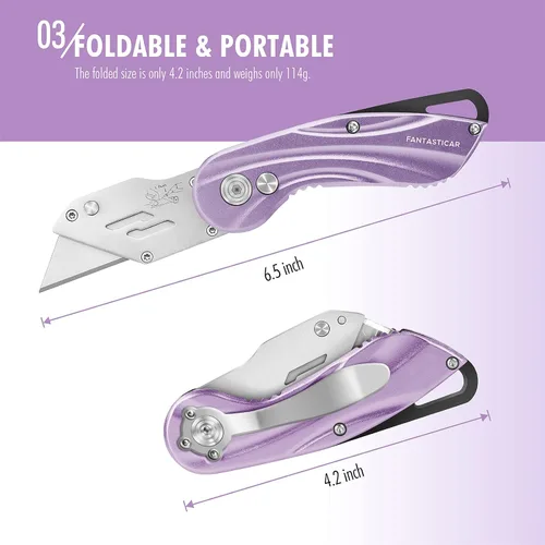 Vista 3 de FantastiCAR - Cuchillo plegable con caja para regalo, cuchillo utilitario de metal resistente con 5 cuchillas adicionales, cambio rápido