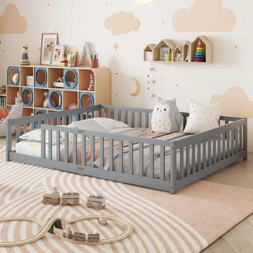 Vista 16 de Twin Size Floor Bed with Slats and Guardrails, Wood Floor Bed, Espresso