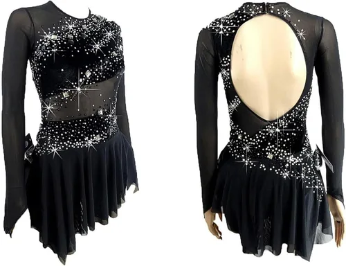 Vista 3 de LIUHUO Vestido de patinaje artístico - Vestido de terciopelo negro para competición de niñas