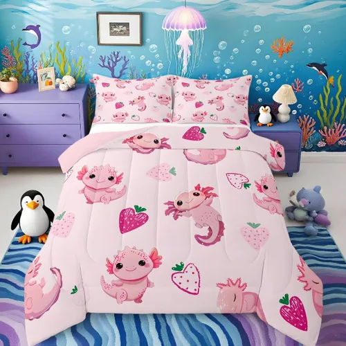 Vista 22 de Feelyou Lindo juego de ropa de cama de ajolote para niños y niñas tamaño twin, juego de edredón de salamandra para niños, mujeres y hombres, edredón