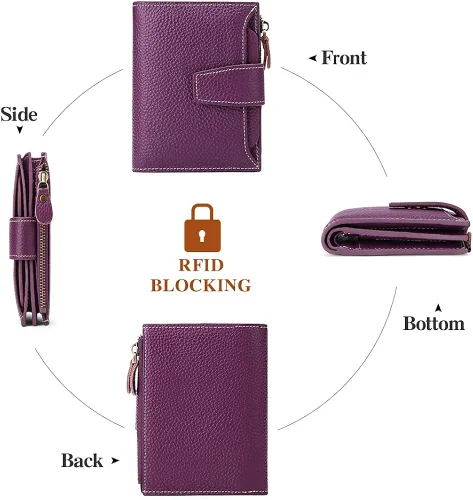 Vista 4 de FALAN MULE - Cartera de cuero auténtico para mujer pequeña plegable compacta con interferencia de radiofrecuencia RFID