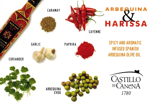 Vista 4 de Castillo de Canena Harissa Aceite de Oliva Virgen Extra Infundido Picante y Aromático (8.5 fl oz) Aceitunas Arbequinas Españolas