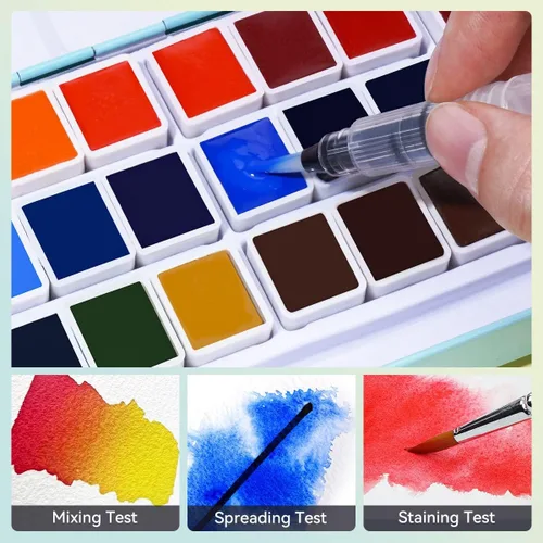 Vista 2 de Juego de acuarelas MeiLiang, 36 colores vívidos en caja de bolsillo con anillo de metal y pincel de acuarela, perfecto para estudiantes