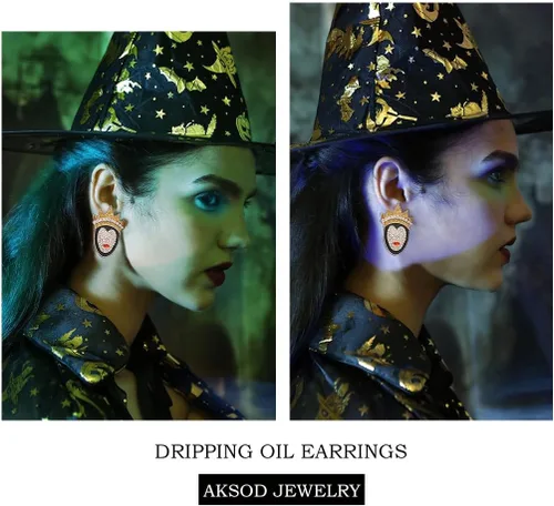 Vista 4 de Aretes de calabaza de aceite de goteo de cristal de Halloween, bonitos aretes de esmalte brillante para fiestas de disfraces de vacaciones, joyería
