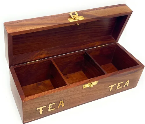 Vista 6 de Caja de té de palisandro hecha a mano, organizador de bolsas de té de 3 compartimentos, baúl de almacenamiento decorativo de madera natural