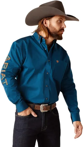 Vista 15 de Camisa de sarga con logotipo del equipo ARIAT de ajuste clásico para hombre Sea Scape USA 3X-Large Turkish Sea