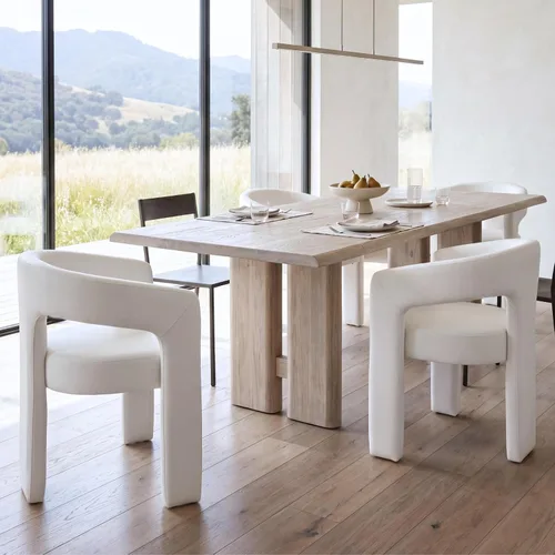 Vista 2 de Silla moderna de comedor en barril, silla de cocina acentuada tapizada en cuero sintético con brazos, silla lateral cómoda para sala de blanco
