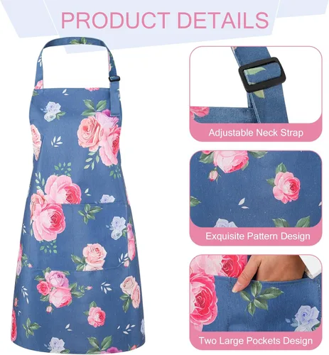Vista 3 de Paquete de 2 delantales florales para mujer con bolsillos, delantal de cocina ajustable para cocinar, hornear, jardinería, manualidades