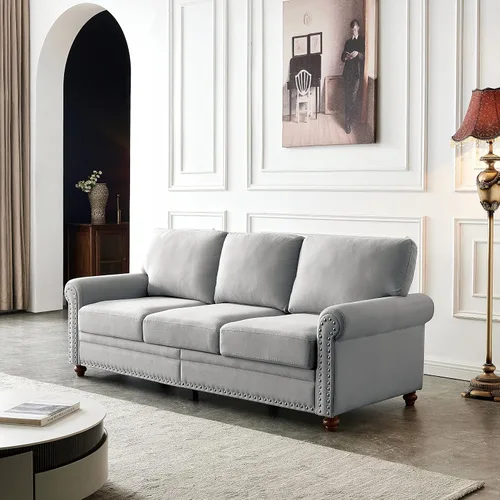 Vista 3 de Harper & Bright Designs Sofá de 3 plazas tapizado de lino con espacio de almacenamiento, patas de madera, decoración de uñas, moderno sofá de 3