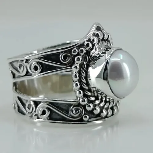 Vista 4 de Navya Craft Anillo de perlas, anillo de promesa de plata de ley 925 para mujer, perla de agua dulce natural, piedras preciosas redondas hechas a