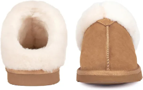 Vista 2 de Parfeying Pantuflas de casa para mujer, lana real de oveja, suela de goma antideslizante, cálidas para interiores y exteriores para mujer