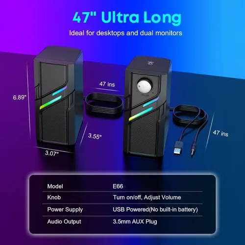 Vista 6 de LENRUE Altavoces de computadora para PC de escritorio con botón fácil, sonido claro y potente, luces táctiles, plug and play para computadora