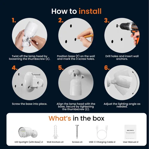 Vista 6 de Luz de sensor de movimiento operada por batería para exteriores, foco recargable de 4000mAh con 600 lúmenes, alimentado por batería, impermeable 2