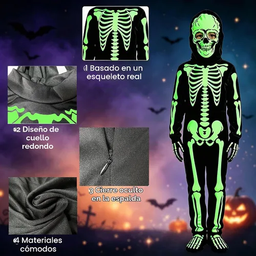 Vista 3 de Disfraz de esqueleto de Halloween para niños, body de esqueleto que