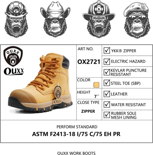 Vista 8 de Botas de trabajo para hombre, zapatos con punta de acero y cremallera lateral, resistentes al agua, antideslizantes, a prueba de pinchazos (OX2720)
