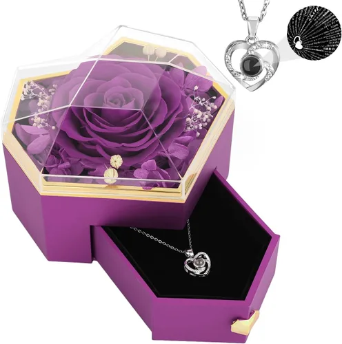 Vista 10 de Emibele - Regalos de rosa preservada para mujer, caja de rosa eterna con collar de corazón, regalos románticos con mensaje "te amo" para mujeres