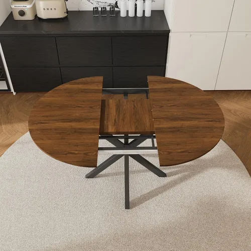 Vista 7 de Juego de mesa de comedor redonda para 6, juego de mesa de comedor extensible de 43-59 pulgadas, mesa de grano de madera de nogal y 6 sillas Marrón