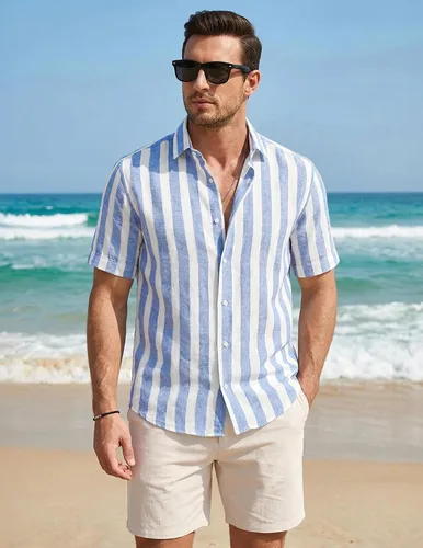 Vista 2 de JMIERR Camisa de vestir a rayas de algodón con botones y manga corta para hombre 1 raya azul cielo