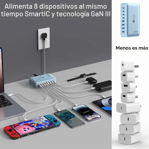Vista 6 de Estaciones de carga múltiple de 8 puertos de 200 W con enchufe plano, cable de alimentación trenzado e interruptor de encendido/apagado