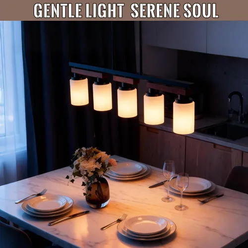 Vista 4 de Iluminación de isla de cocina de 5 luces y accesorios de luz de comedor de granja sobre mesa, colgante de techo rústico ajustable colgante lineal