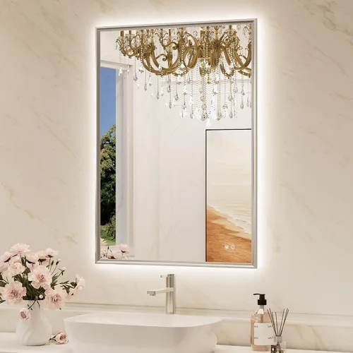 Vista 19 de TokeShimi Espejo de baño con marco negro de 40 x 30 pulgadas con luces delanteras y retroiluminación de aleación de aluminio rectangular, borde