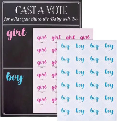 Vista 7 de Juego de mesa para revelar el género del bebé con 144 calcomanías de voto para niña o niño, cartel de voto con soporte, diseño de pizarra
