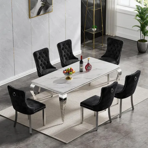 Vista 27 de Juego de 4 mesas de comedor blancas y doradas, mesa de cocina rectangular de 68 pulgadas con parte superior de mármol sintético blanco, mesa de Mesa