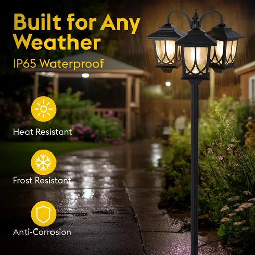 Vista 2 de Lámpara solar de poste de 3 cabezales, luces solares de 73 pulgadas para exteriores, impermeables, 60Lm 3000K luces de camino para jardín, césped