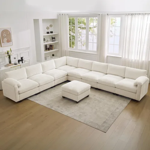Vista 46 de Sofá modular de 61 pulgadas con otomana, asiento extra profundo para sala de estar, sofá de asiento profundo de pana con almohadas para Beige
