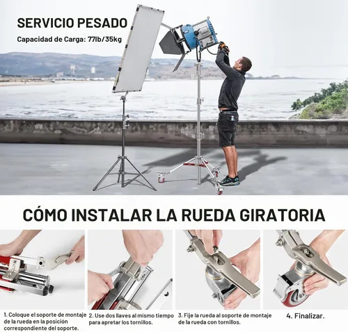 Vista 6 de NEEWER Soporte de Luz de Acero Inoxidable Resistente con Ruedas, Receptor Junior de 1-1/8", Espiga Baby con Resorte de 5/8", Carga Máxima 77lb
