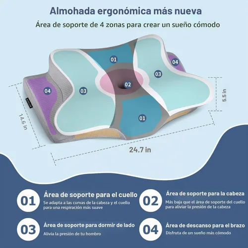 Vista 4 de Cervicac Almohada cervical para aliviar el dolor, almohada ergonómica para dormir de lado para soporte del cuello, almohada cervical ortopédica