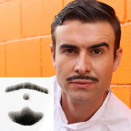 Vista 7 de Justin Happy Bigotes falsos de cabello humano a base de encaje barba falsa negro bigote falso pelo falso bigote realista disfraz de cabra falso