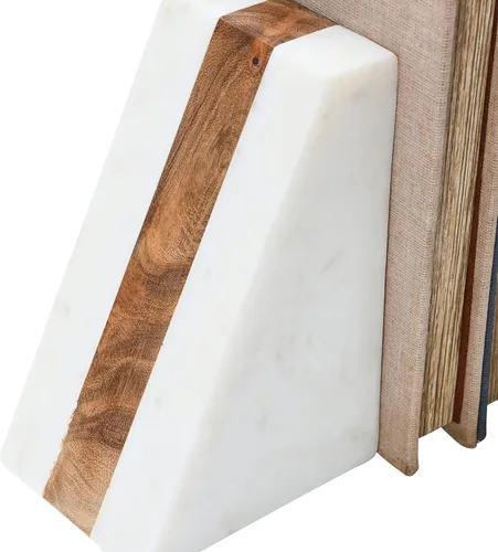 Vista 5 de Main + Mesa Sujetalibros geométricos de mármol con incrustaciones de madera, blanco