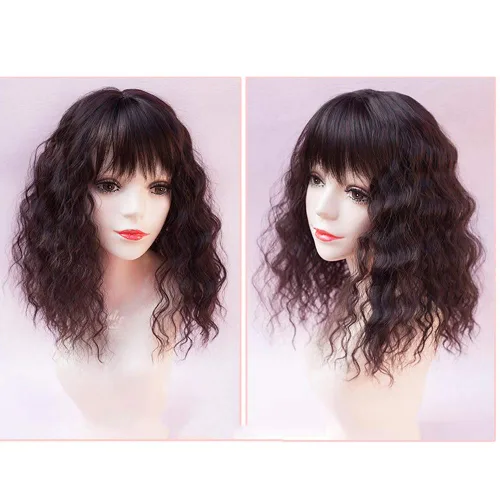 Vista 3 de RemeeHi Peluca sintética rizada y ondulada con clip, para pérdida de cabello, con flequillo, para mujer, color marrón oscuro, 18 pulgadas (grueso)
