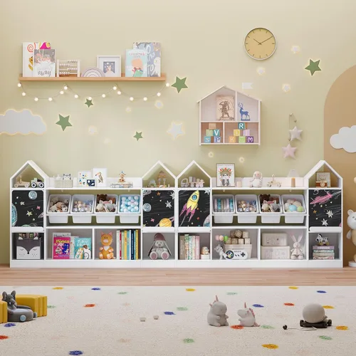 Vista 6 de Vabches Estantería infantil con forma de castillo con pizarra, estantería para niños, organizador de almacenamiento de juguetes para niños